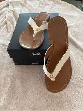 Coach White Leather Thong Sandals with Gold Heart Detail